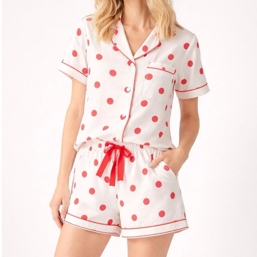 Katie Kime Polka Dot PJ Pajama Set Shorts Top Red White Button Women Small